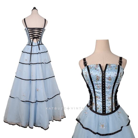 Vintage Prom Dress 2 Blue Maxi Ball Gown Y2K Fairy Princess Goth Corset Bead - Picture 2 of 16